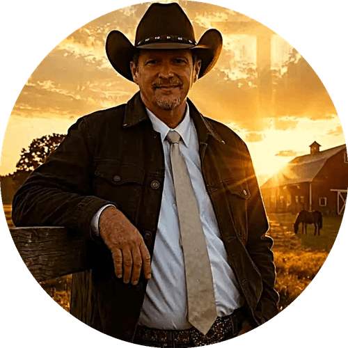 James R. Laudermilk in a cowboy hat at sunset